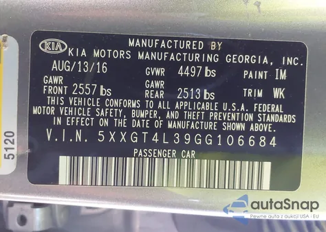 2016 Kia Optima Lx from USA, damaged, VIN 5XXGT4L39GG106684